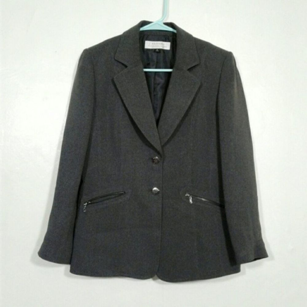 Tahari blazer charcoal grey zipper pockets